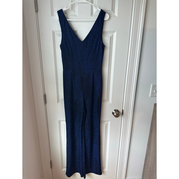 Women's Lulus Blue and Black Metallic Ribbed V-Neck Jumpsuit - Picture 4 of 11